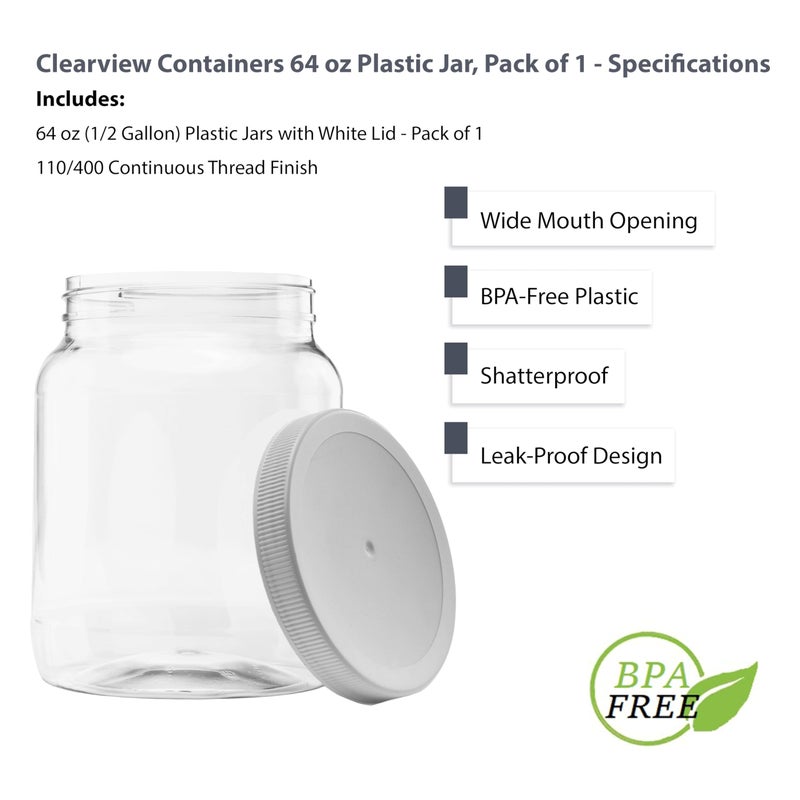 CLEARVIEW CONTAINERS Plastic Storage Jars with Leak Proof Lids, BPA Free, Hand Wash Only (64oz, 1PK White) - Image 4
